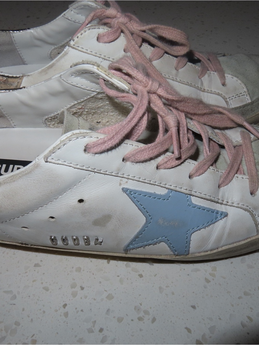 Golden Goose White Sneakers with Blue Star and Pink Laces - Picture 8 of 12